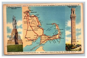 Vintage 1940's Postcard Auto Map Forefathers & Pilgrim Monuments Massachusetts