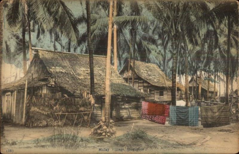 Malay Village Singapore Thatch Roof Homes c1910 Postcard