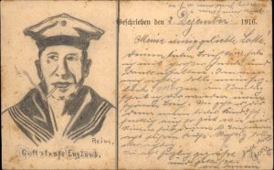 Handmade Trench Art WWI Sailor Smoking Cigarette Pencil Sketch c1910s Postcard