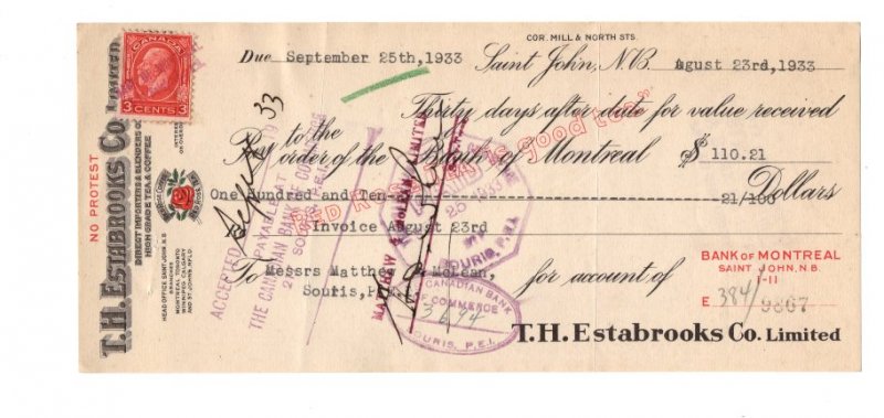 1933 Estabrooks, Red Rose Tea, Cheque w Canadian Stamp, Souris P.E.I.