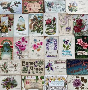 Lot of 24 emboss & very embossed & embroidered flowers greetings cards 1900-1919 