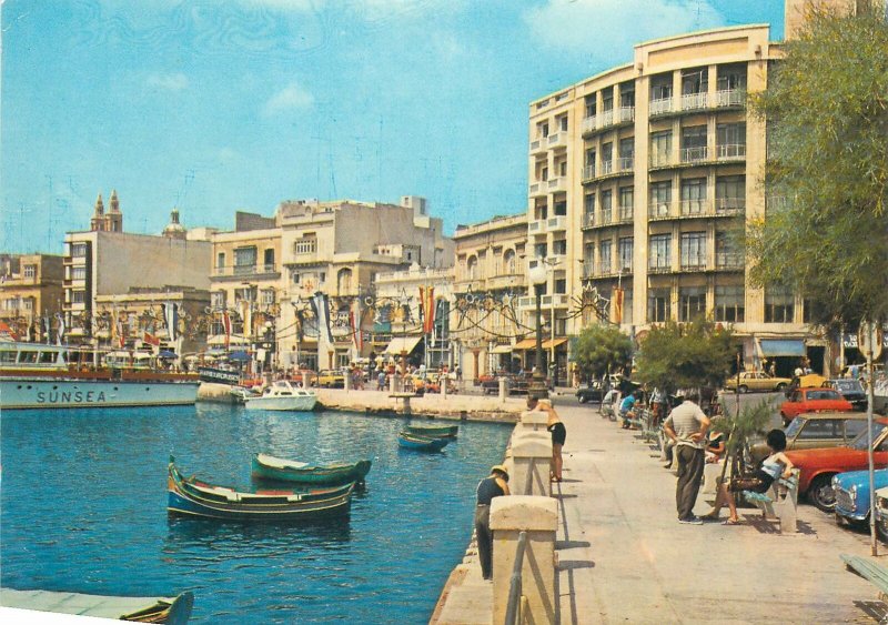 Postcard Malta Sliema resort town port image rowing boats