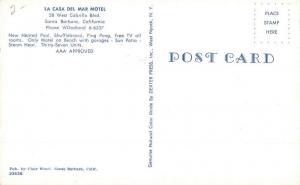 Santa Barbara California La Casa Del Mar Motel Vintage Postcard K66674