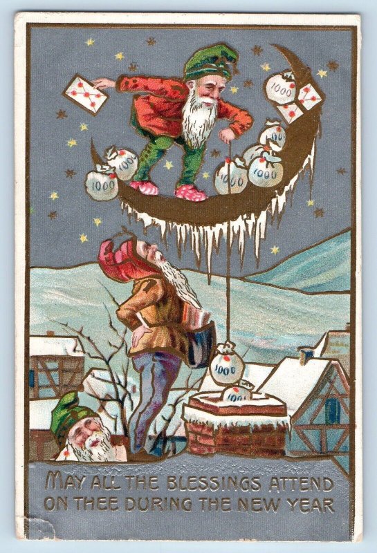 Chicago Illinois IL Postcard New Year Elf Gnome Sack Of Coins Embossed 1908