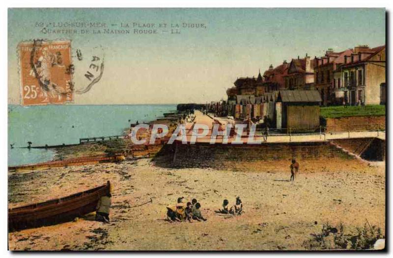 Old Postcard Luc Sur Mer Beach and the dam area of ​​the house red