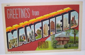 Greetings From Manfield Ohio Large Big Letter Linen Postcard Curt Teich 1948