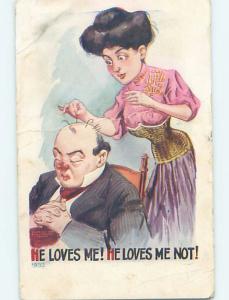 Pre-1907 balding comic PRETTY WOMAN PULLS HAIR FROM BALD MAN'S HEAD HL2161