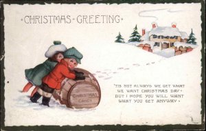 Whitney Cute Kids Children Roll Barrel of Candy Christmas Vintage Postcard