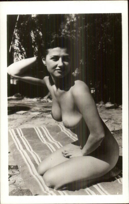 Beautiful Nude Woman Large Breasts Beach Towel Unidentified RPPC Postcard