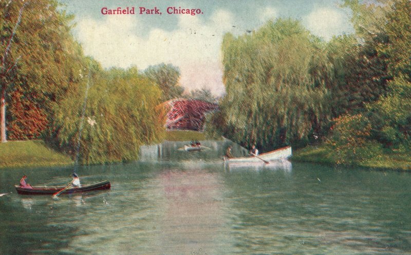 Vintage Postcard 1910's Garfield Park Boating Fishing Recreational Chicago ILL