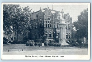 Harlan Iowa IA Postcard Shelby County Court House Statue Street Scene Vintage