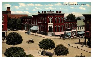 Antique Public Square, Harrison Natl Bank, Old Cars, Wagons, Cadiz, OH Postcard