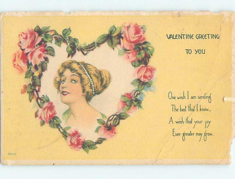 Edge Wear 1919 art nouveau Valentine PRETTY GIRL IN HEART MADE OF ROSES HL6970