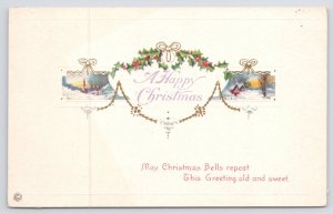 Christmas~Art Deco~Holly Berry & Gold Garlands~Winter Scene~Stecher 334A~Vtg PC