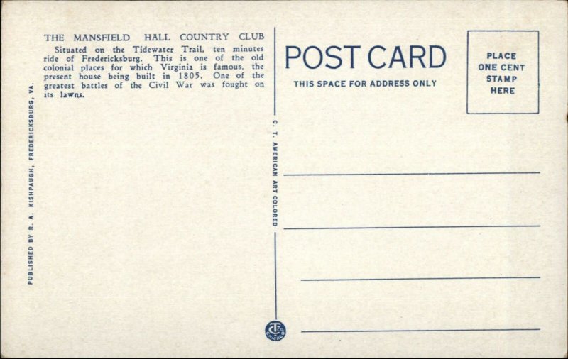 Fredericksburg VA Golf Course Mansfield Hall c1920 Postcard