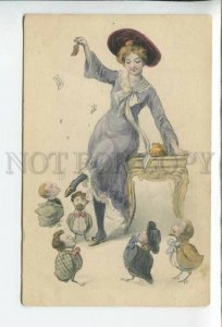 433963 Little Men Fantasy SUPERIOR WOMAN & Dressed Birds male head Old postcard