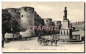 Old Postcard Angers King statue Renet ele castle (horse hitch)