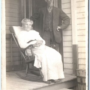 c1910s Elderly Couple on House Porch RPPC Cute Old Man Woman Real Photo PC A140