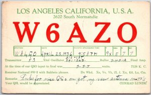 1936 QSL Radio Card Code W6AZO Los Angeles, CA Amateur Station Posted Postcard