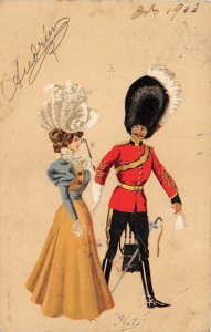 Lot256 woman and a soldier with big hat  hats comic postcard uk