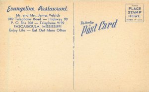 Linen Roadside Postcard Evangeline Restaurant, Pascagoula MS Jackson County