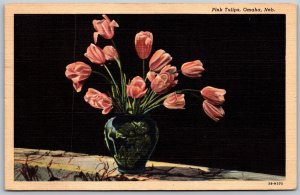Vtg Omaha Nebraska NE Pink Tullips Flowers 1940s Linen Old Postcard