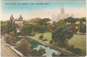 State Capitol And Memorial Arch, Hartford CT, Vintage 1934 Hand Colored Postcard
