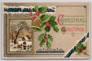 Christmas Greetings Gilded Frame Winter Scene Golden Bell 1911 Postcard L23