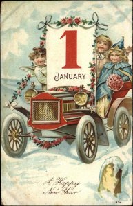 New Year's Children Angels Car Embossed c1910s Postcard