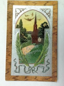 Vintage Postcard 1910's Easter Greetings Birds and Church Embossed