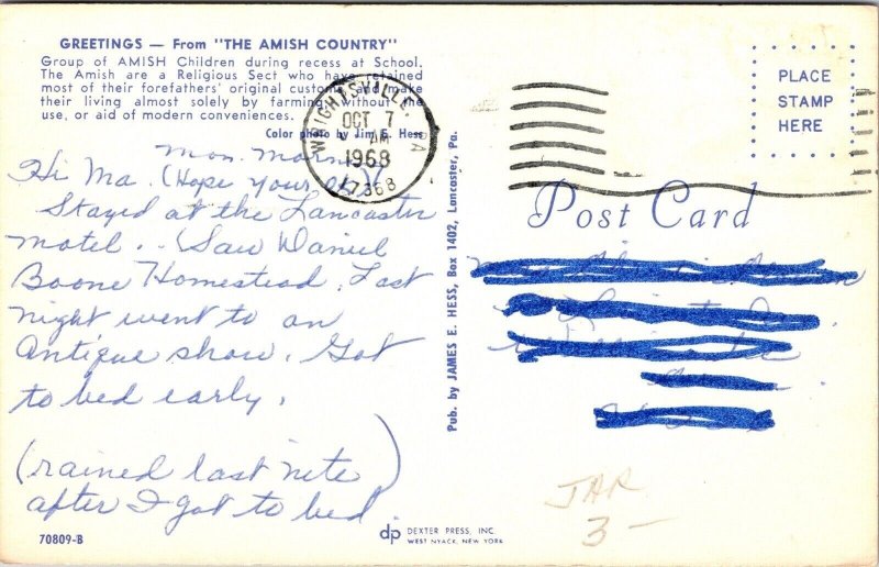 Greetings From Amish Country Children School Postcard PM Wrightsville PA Cancel
