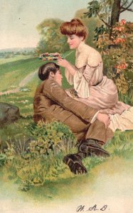 Vintage Postcard Lovers Couple in the Grassy Field Dating Sweet Romance