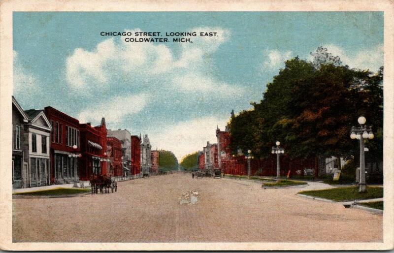 Coldwater Michigan~Chicago Street~East to Downtown Stores~Horse Buggy~1916 PC 