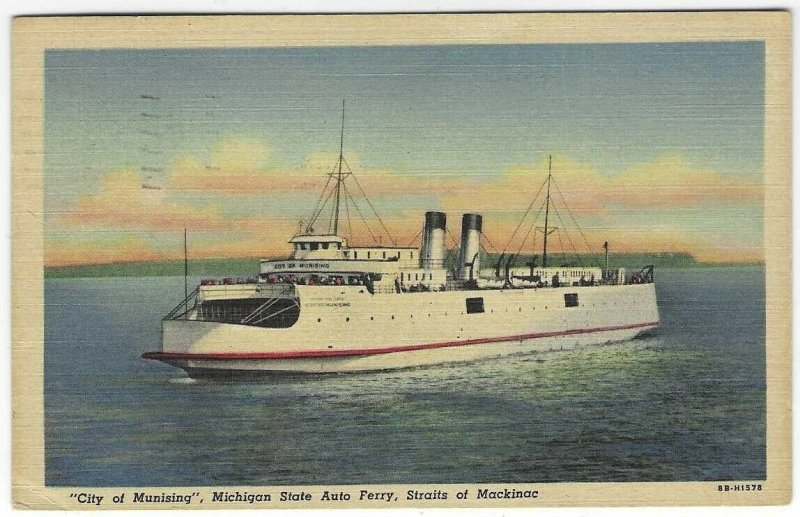 1953 Michigan Auto Ferry Boat, Straits of Mackinac Linen Postcard 