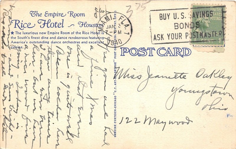 G22/ Houston Texas Postcard 1940 Linen Empire Room Rice Hotel