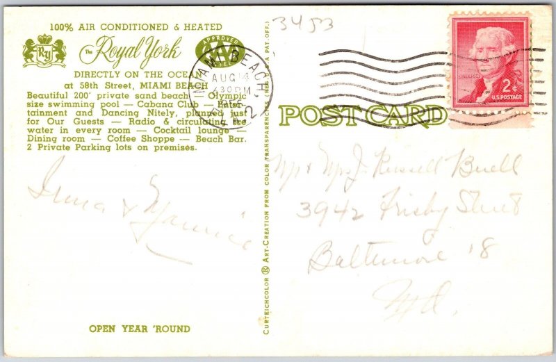 1942 Royal York Miami Beach Florida Swimming Pool & Sand Beach Posted Postcard