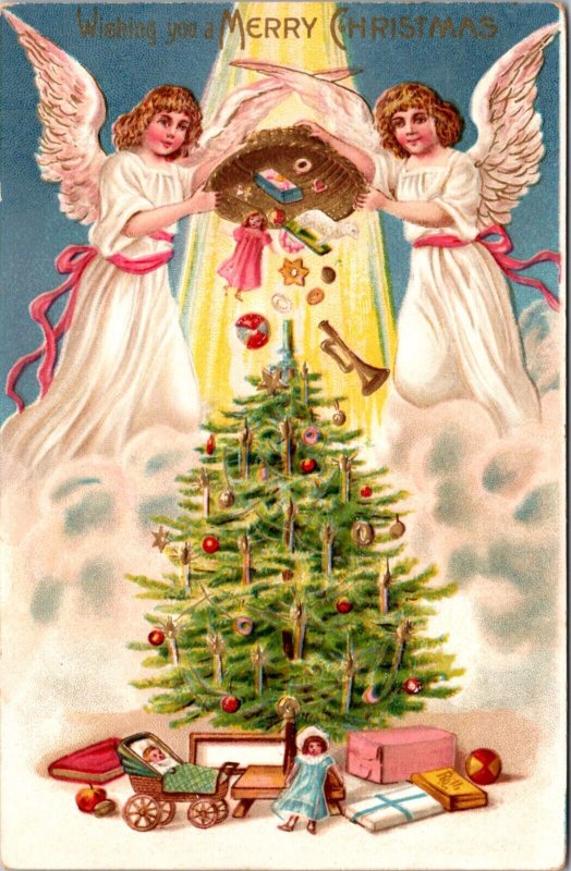 Christmas Postcard Two Angels Dropping Toys From Sky Over Candle Lit Tree