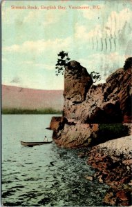 Postcard BC Vancouver Man in Canoe by Siwash Rock English Bay 1908 K43
