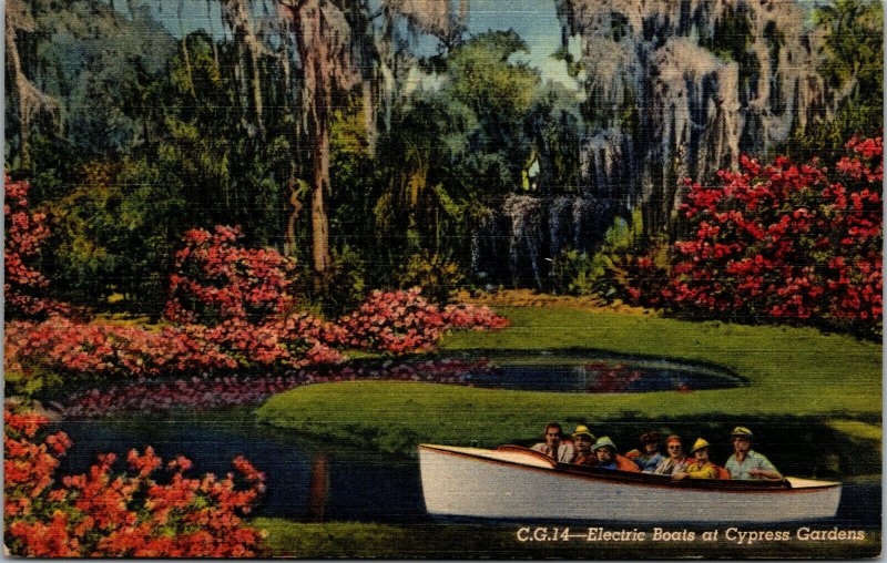 Vtg 1940s Electric Boats at Cypress Gardens Florida Fl Linen Postcard