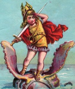 1880's C. W. Bird Fantasy Octopus Sword Roman Hardware Trade Card F102