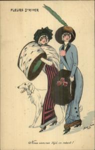 Xavier Sager - Beautiful Women & Dog Borzoi or Wolfhound? c1910 Postcard