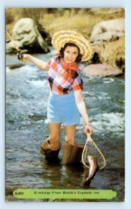 Greetings from BROCK'S CRYSTOLA INN, Colorado CO ~ Woman FISHING 1950s  Postcard