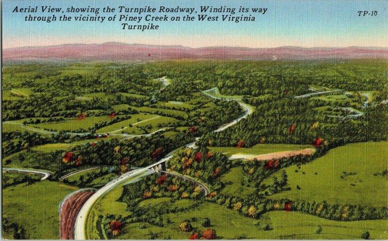 Aerial View Turnpike Roadway Piney Creek West Virginia Postcard Linen Unposted 