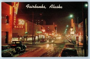 Fairbanks Alaska AK Postcard Night Scene Of Second Avenue Northern City c1960's