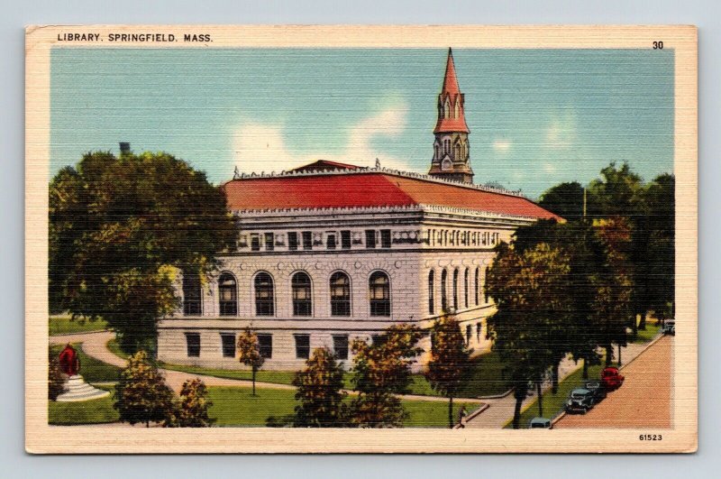 Springfield Massachusetts Library Building Downtown Streetview Linen Postcard 