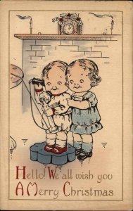Whitney Christmas Cute Kids on Old Telephone c1910 Vintage Postcard