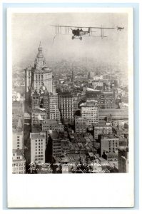 Airplane Biplane Flying Over New York City NY Real Photo RPPC Postcard (FV6)