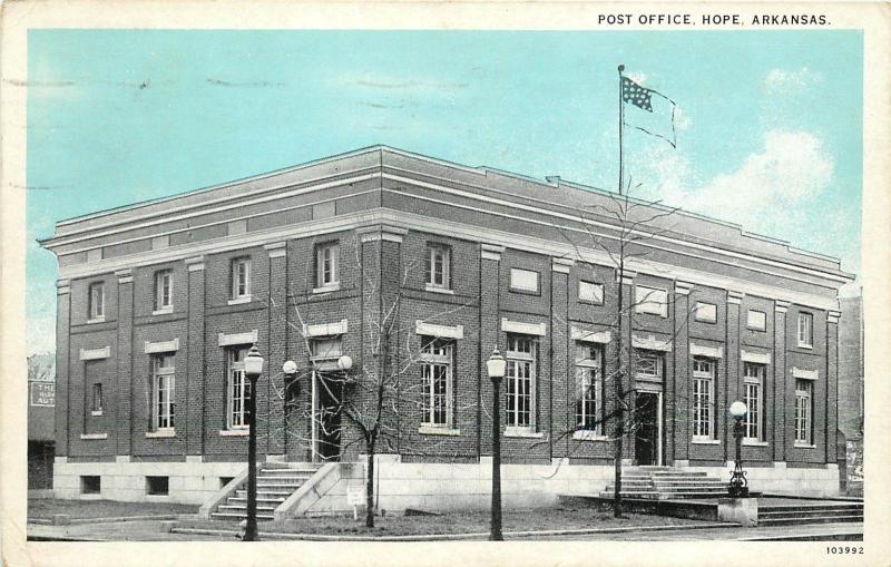 1920s Postcard; Post Office, Hope AR Hempstead County posted