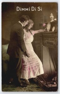 RPPC Man With Pretty Lady At Fireplace Tell Me Yes Tinted Photo Postcard Y25