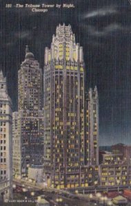 Illinois Chicago The Tribune Tower By Night 1955 Curteich